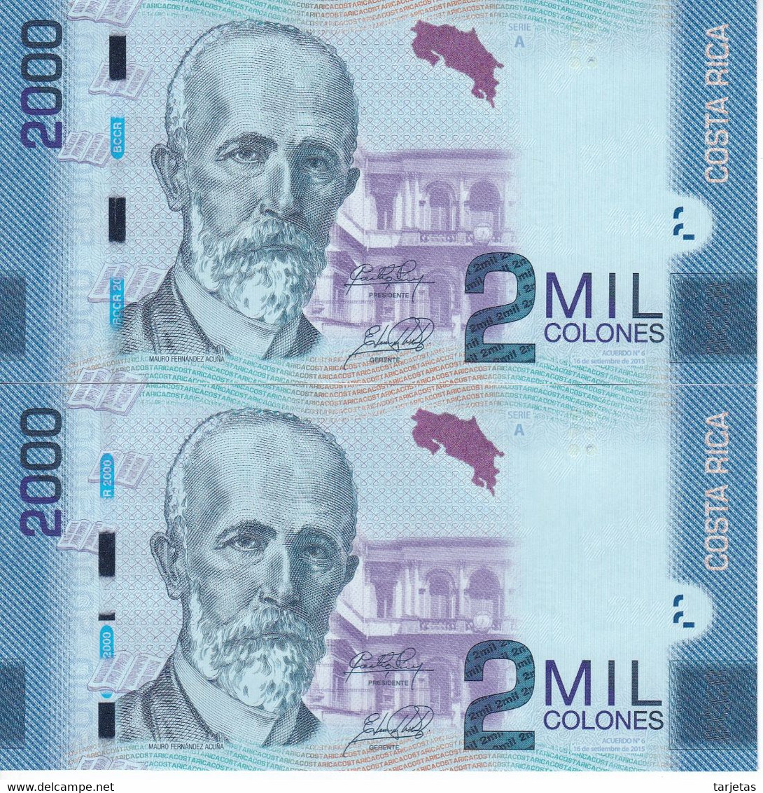 PAREJA CORRELATIVA DE COSTA RICA DE 2000 COLONES DEL AÑO 2015 SIN CIRCULAR (UNC) (TIBURON-SHARK)  (BANKNOTE) - Costa Rica