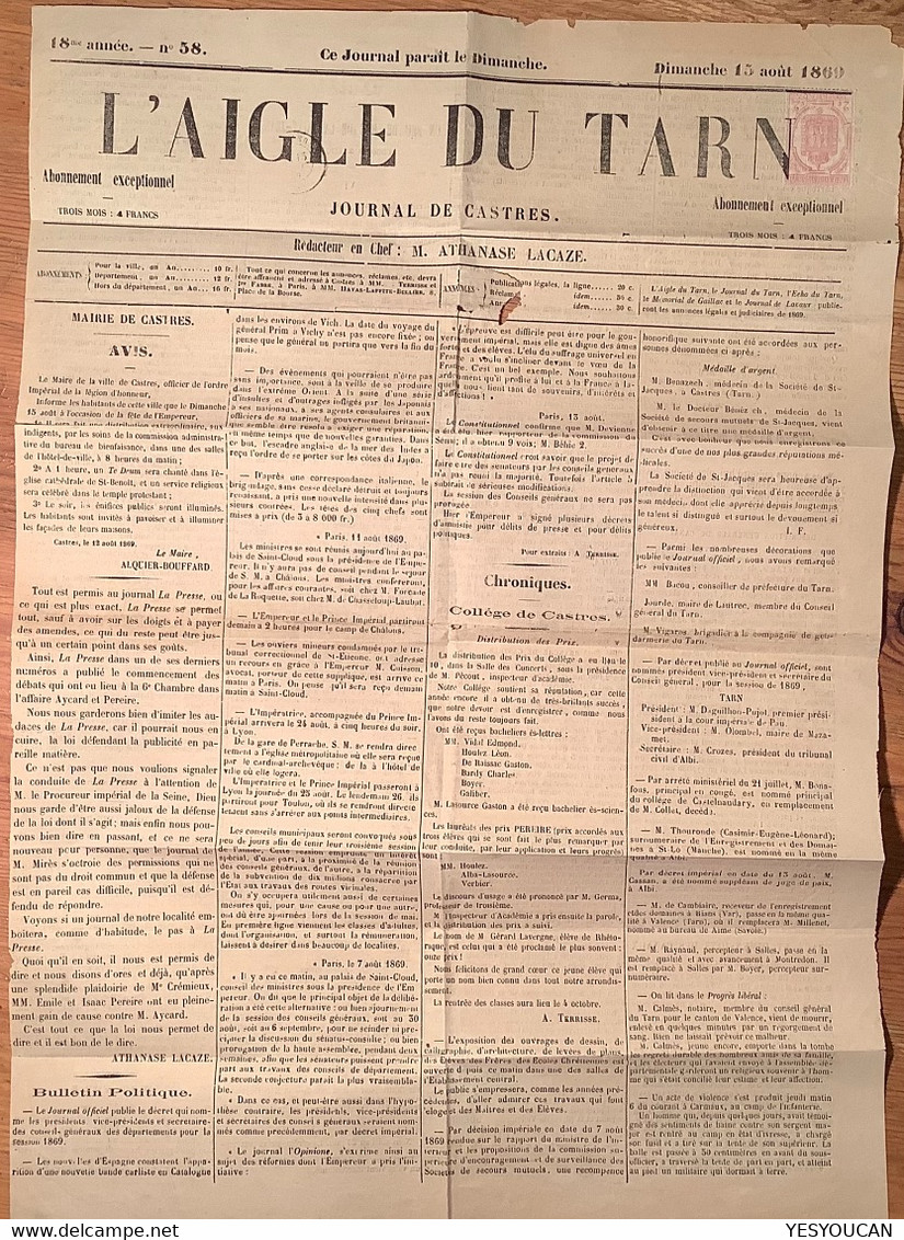 L’ AIGLE DU TARN CASTRES 77 1869 Journal Complet  Timbres Pour Journaux 2c Rouge Annulation Typographique(France Lettre - Journaux