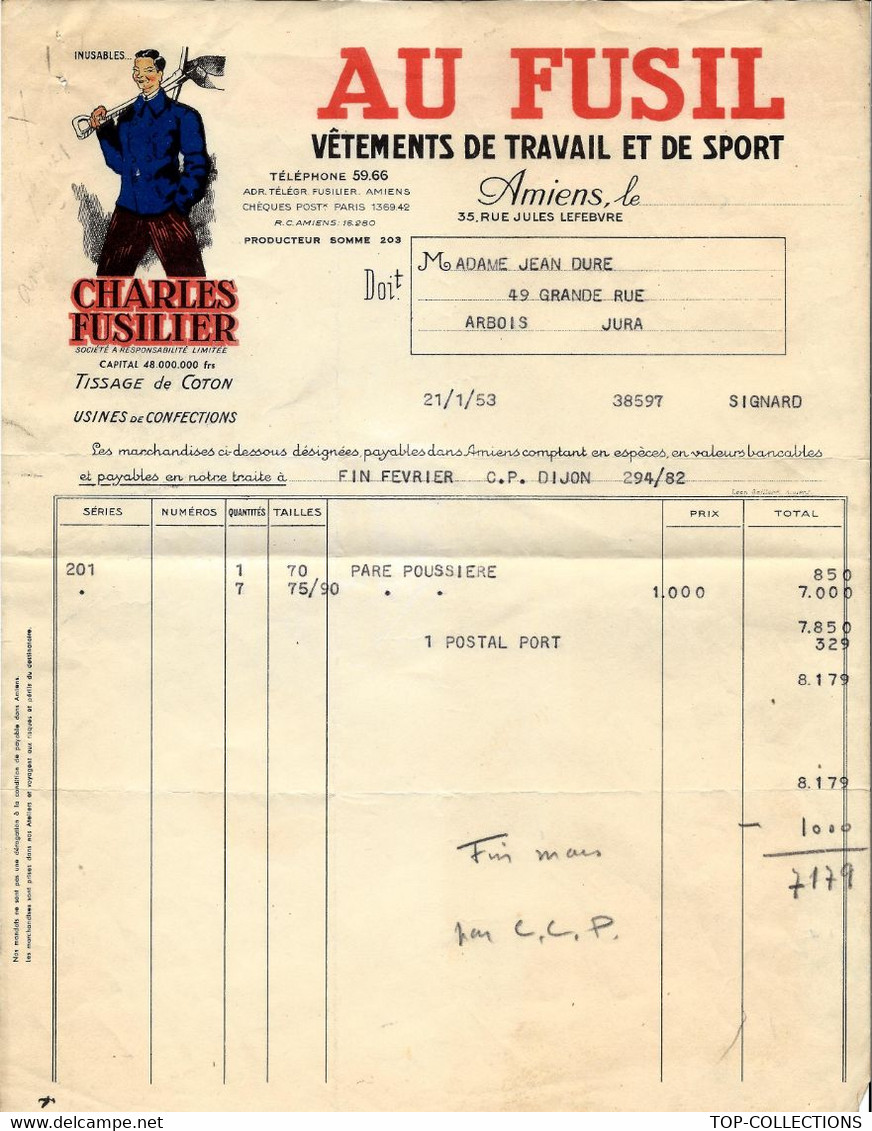 1953 ENTETE AU FUSIL VETEMENTS DE TRAVAIL ET DE SPORT CH. FUSILIER Amiens Pour Arbois Jura B.E.V. SCANS - 1950 - ...