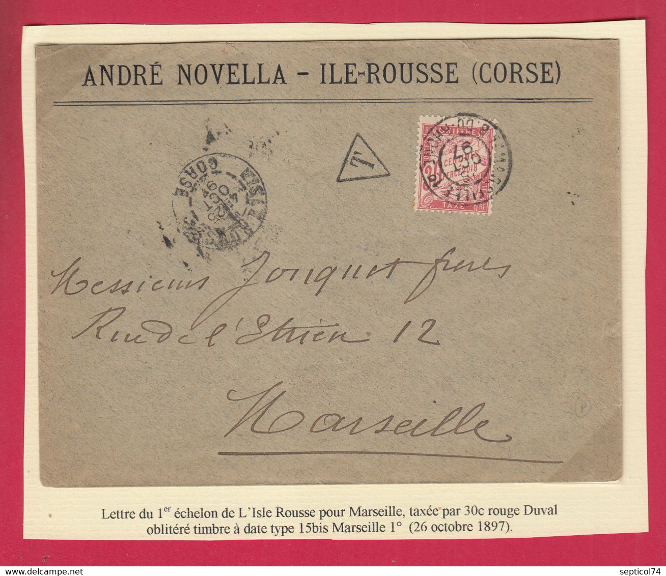 TAXE N°33 LETTRE NON AFFRANCHIE ILE ROUSSE CORSE 1897 POUR MARSEILLE LETTRE COVER - 1859-1959 Briefe & Dokumente