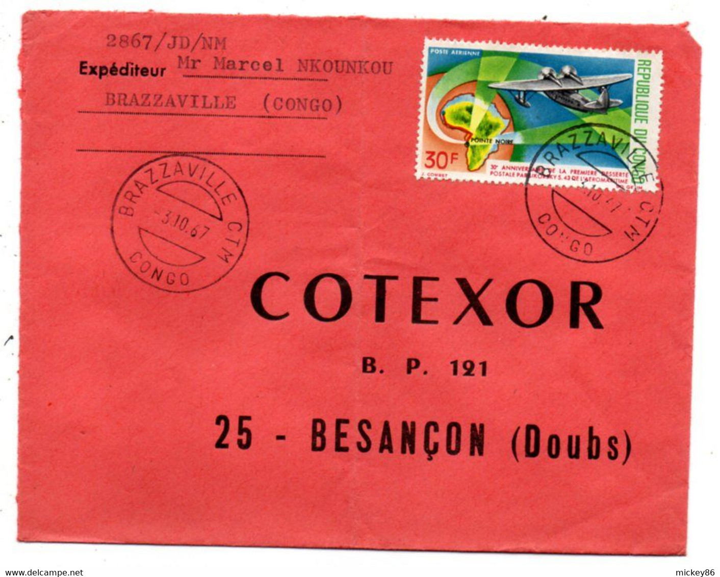 Congo -1967 -Lettre De BRAZZAVILLE CTM  Pour Besançon-25-France-tp 30ans Aéropostale Liaison..seul Sur Lettre...à Saisir - Sammlungen