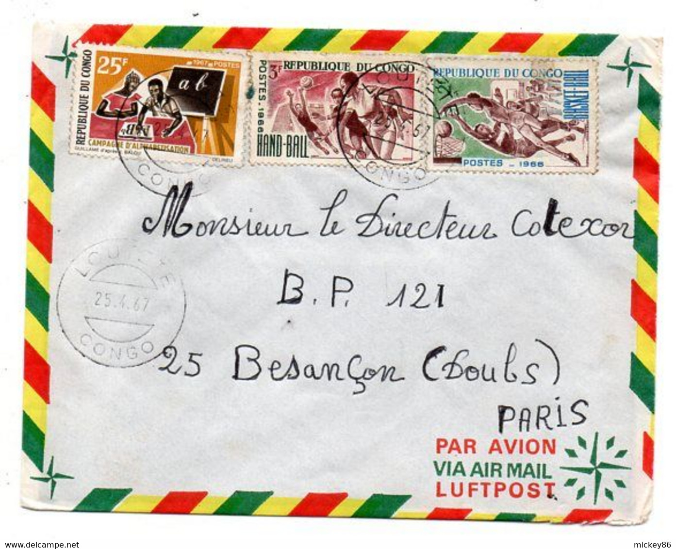 Congo -1967 --Lettre De LOUTETE   Pour Besançon-25-France- Tp Hand Ball,basket Ball ....   Sur Lettre - Colecciones