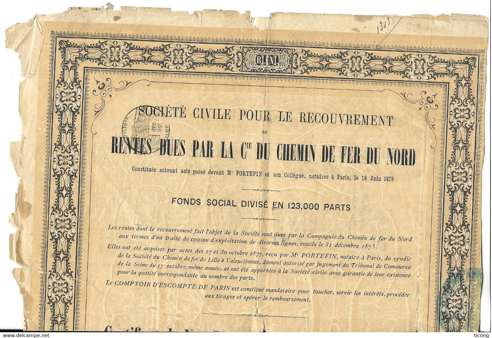 RENTES CHEMINS DE FER DU NORD PARIS 1878 -  VOIR LES SCANNERS - Transport