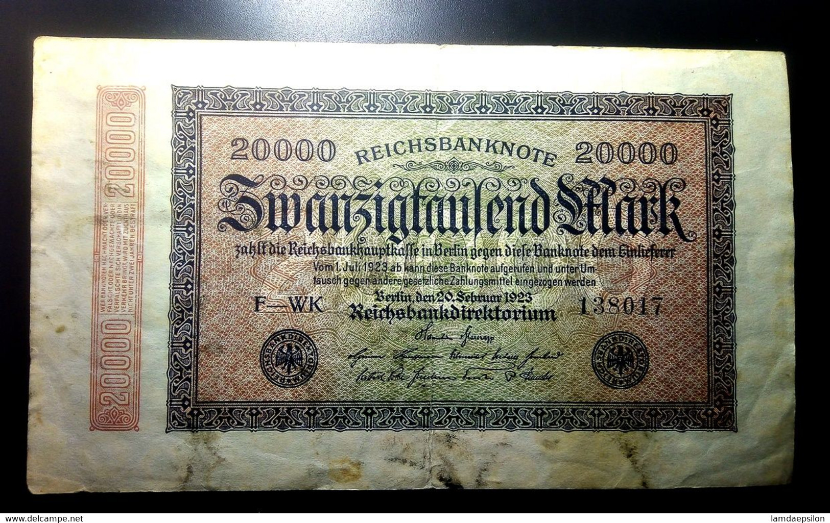 A7  ALLEMAGNE   BILLETS DU MONDE     GERMANY  BANKNOTES  20000 MARK 1923 - Collezioni
