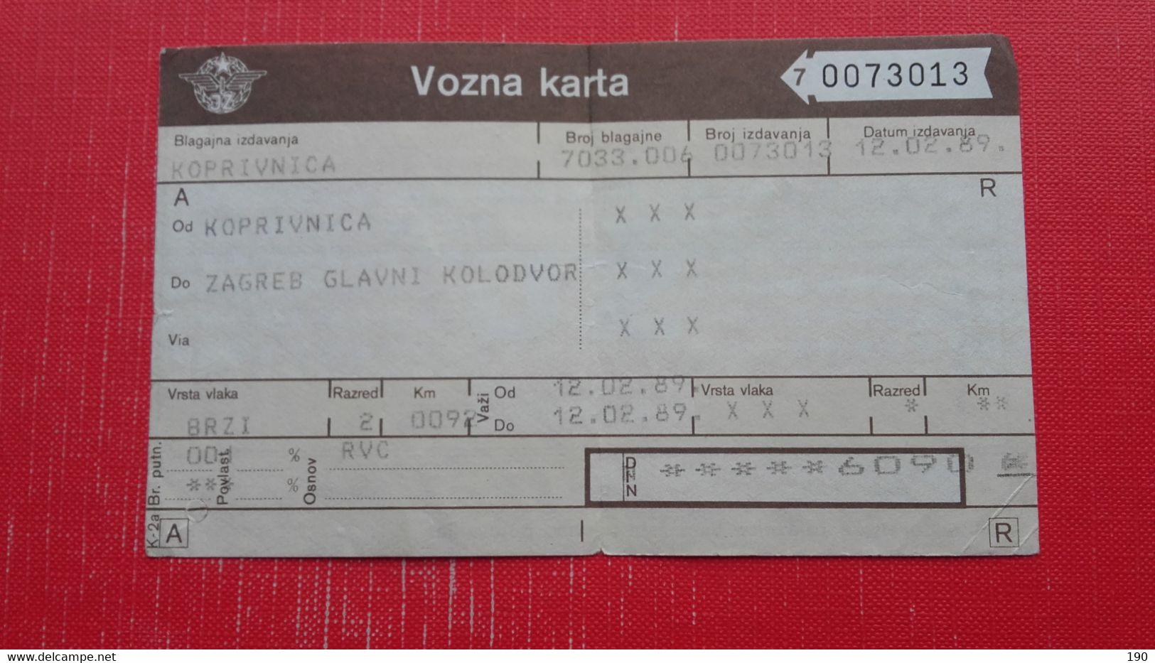 Jugoslovanske Zeleznice.Vozna Karta.Koprivnica-Zagreb - Europe