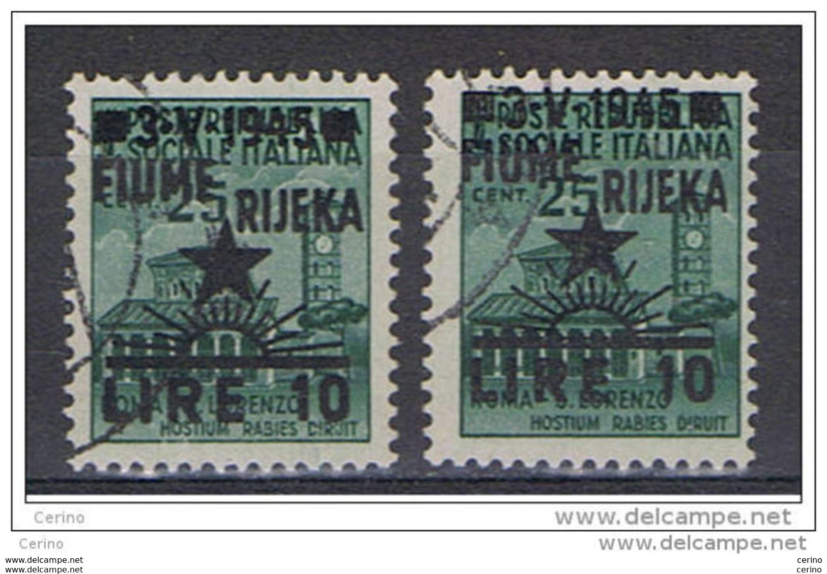 FIUME - OCCUPAZIONE  JUGOSLAVA:  1945  SOPRASTAMPATO  -  £.10/25 C. VERDE  US. -  RIPETUTO  2  VOLTE  -  SASS. 18 - Occ. Yougoslave: Fiume