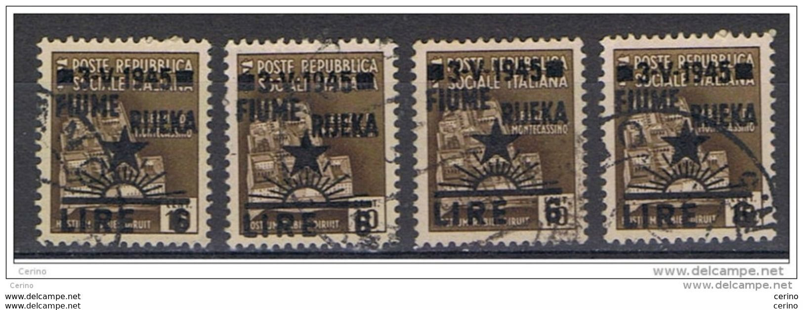 FIUME - OCCUPAZIONE  JUGOSLAVA:  1945  SOPRASTAMPATO  -  £.6/10 C. BRUNO  US. -  RIPETUTO  4  VOLTE  -  SASS. 17 - Yugoslavian Occ.: Fiume