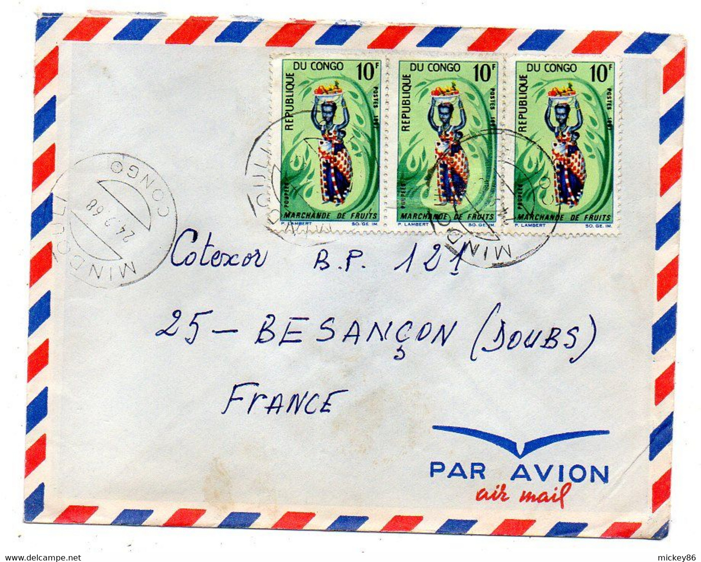Congo-1968-lettre MINDOULI  Pour Besançon-25-tps Marchandes De Fruits X 3    Sur Lettre....cachet - Other & Unclassified