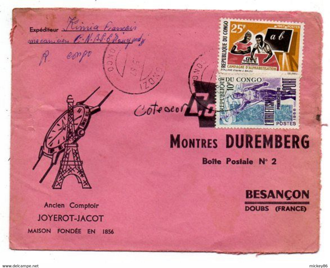 Congo-1968 - Lettre MOUYONDZI    Pour Besançon-25-tps Athlétisme, Alphabétisation    Sur Lettre....cachet - Sonstige & Ohne Zuordnung