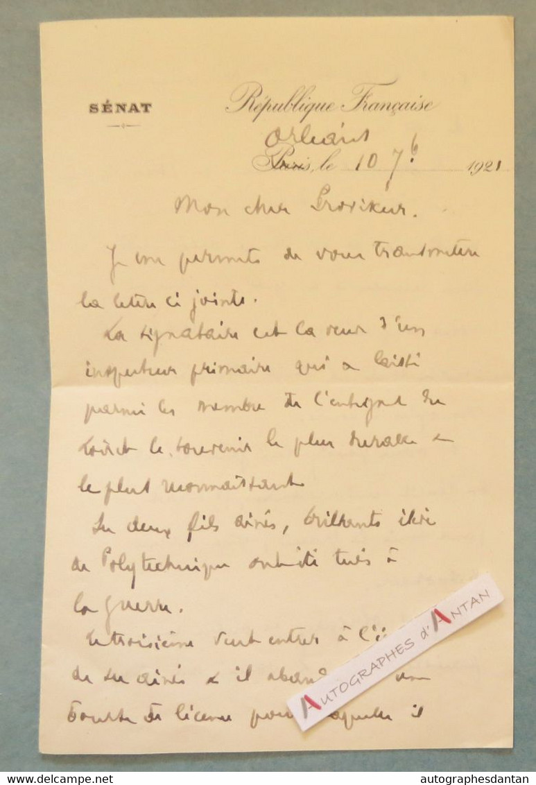 ● L.A.S 1921 Henri ROY Sénateur Né Au Bouchaud (Jura) - Orléans - Polytechnique - Guerre -  Lettre Autographe SENAT - Politicians  & Military