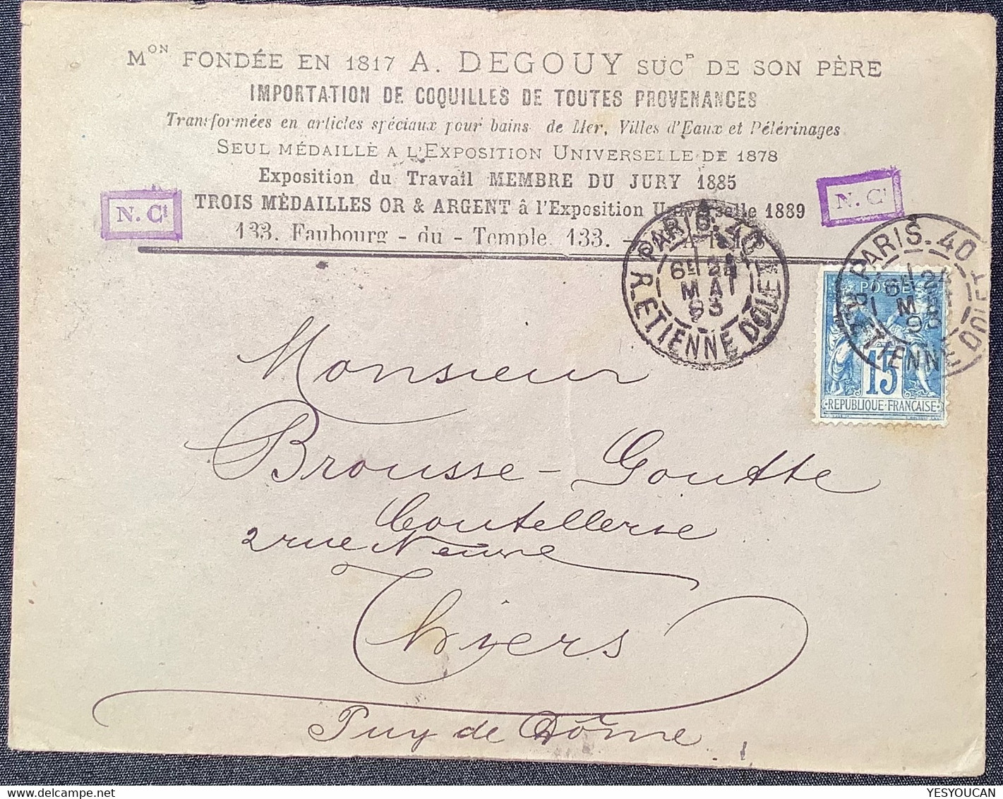 1893 "A.DEGOUY COQUILLES" (coquillage) Enveloppe Publicité Exposition Universelle Sage PARIS 40 (lettre France Seashell - 1877-1920: Période Semi Moderne