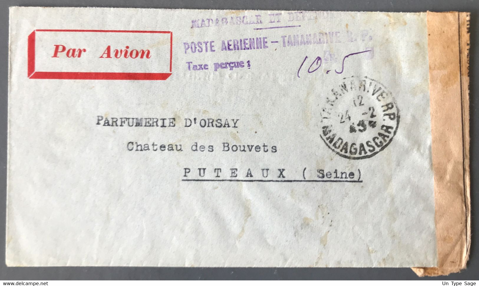 Madagascar Sur Enveloppe Affranchissement En Numéraire + TAD TANANARIVE R.P. 24.2.1945 + Censure - (N088) - Cartas & Documentos