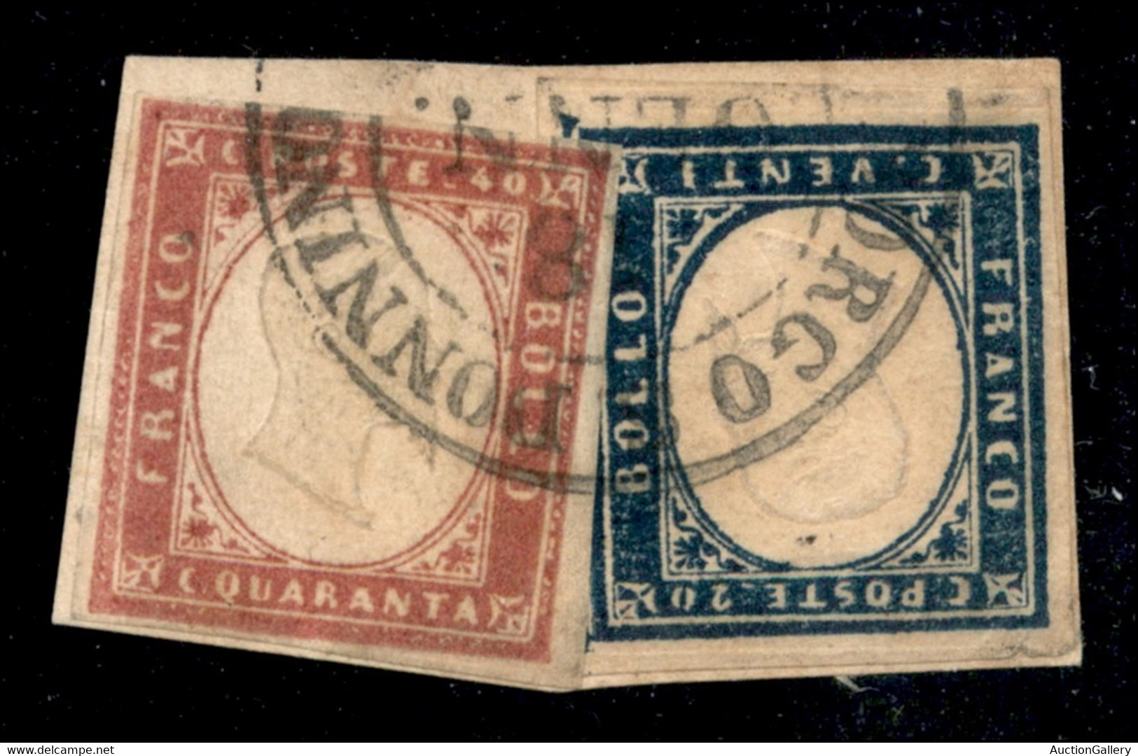 1860 - 40 Cent Rosa Lilla Scurissimo (16Cg) + 20 Cent (15C) Su Frammento - Raro - Cert. Bottacchi + Cert. Oro Raybaudi - Other & Unclassified