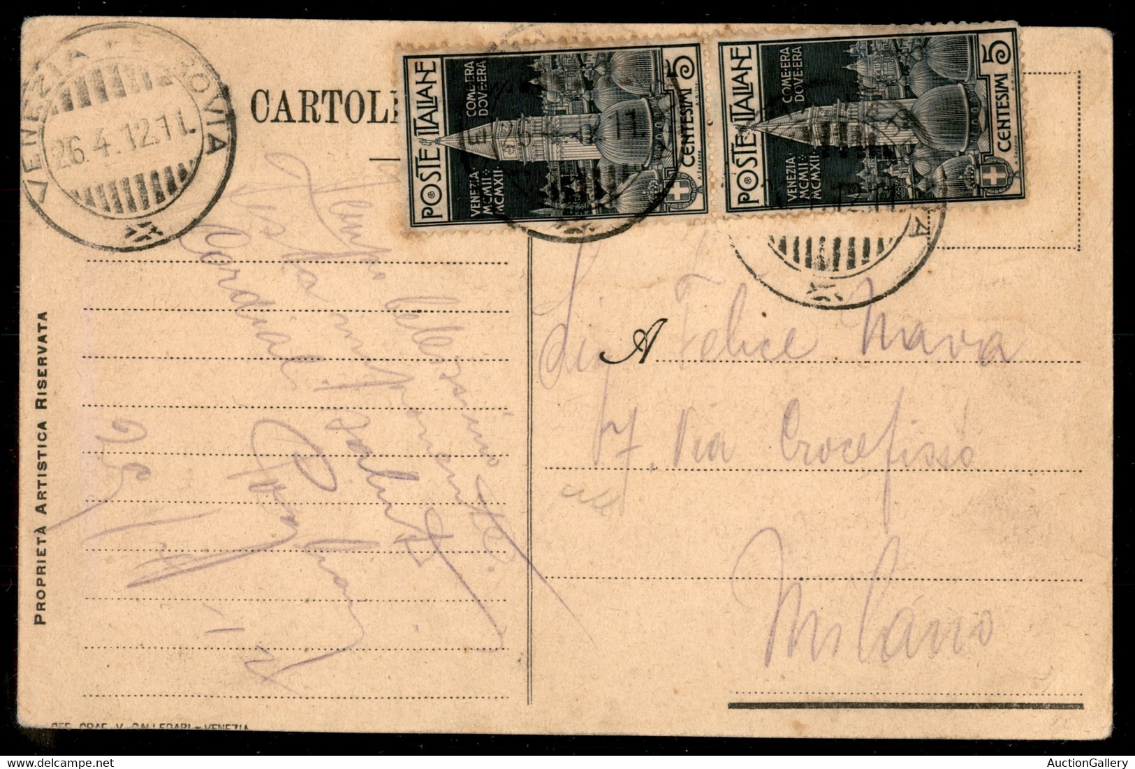 Coppia Del 5 Cent (97) Su Cartolina Da Venezia A Milano Del 26.4.1912 - Other & Unclassified