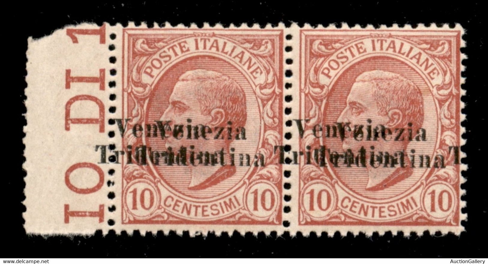 1918 - 10 Cent (22baa) Coppia Orizzontale Bordo Foglio Con Doppia Soprastampa Spostata (T Sul Bordo) - Gomma Integra (2. - Other & Unclassified