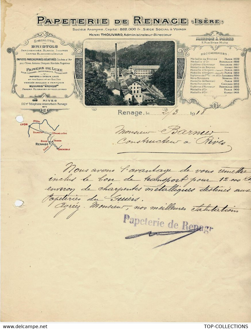 1918 ENTETE  PAPETERIE DE RENAGE à Renage (Isère) Pour Barnier à Rives Isère .E.V.SCANS + HISTORIQUE - 1950 - ...