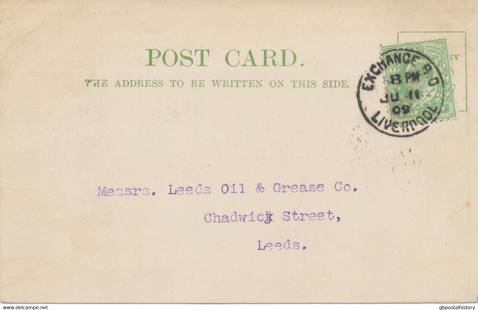 GB „EXCHANGE B.O / LIVERPOOL“ Rare CDS 25mm On Very Fine Postcard Franked With EVII ½ D To LEEDS, 11.6.1909 - Briefe U. Dokumente