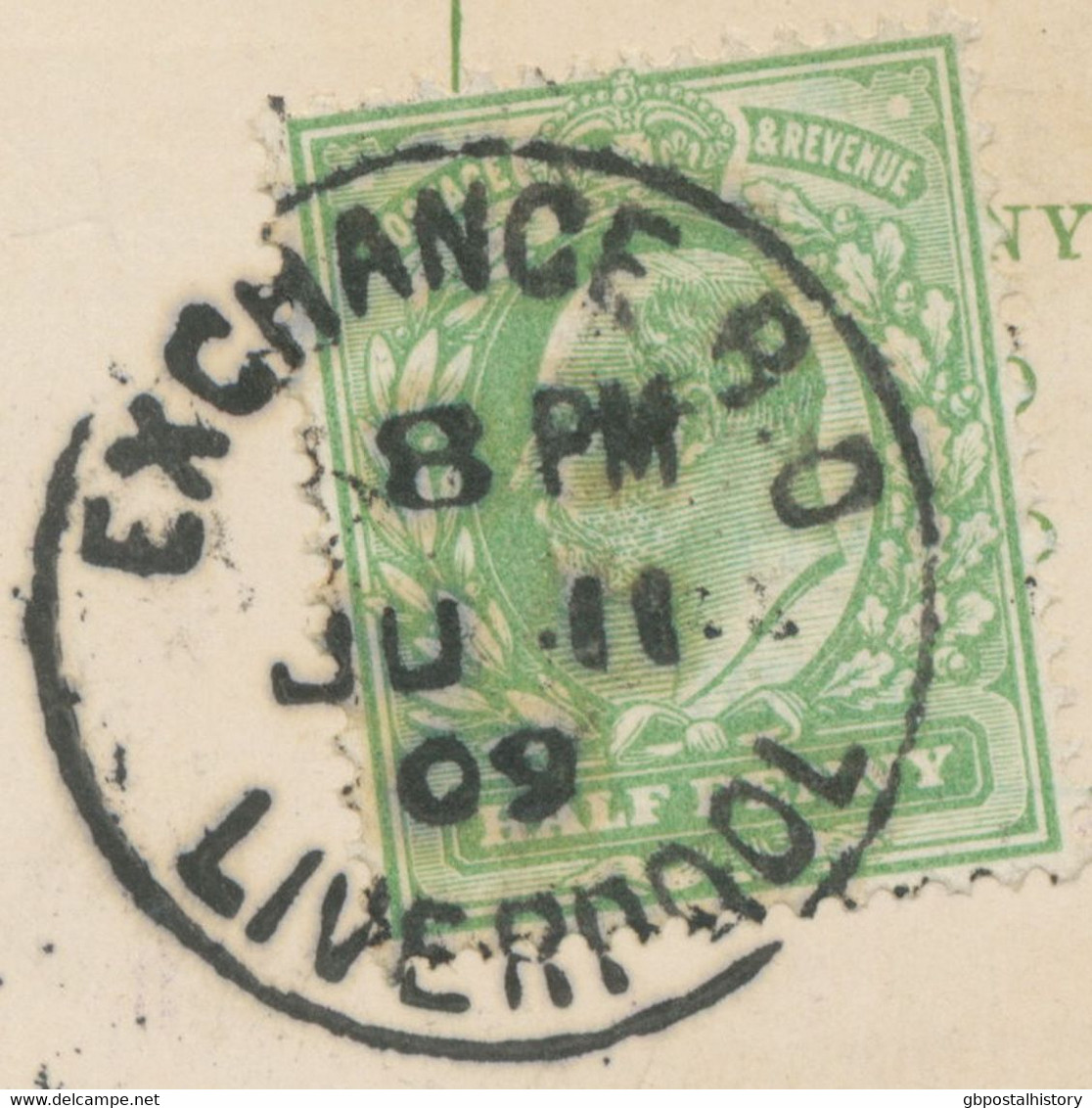 GB „EXCHANGE B.O / LIVERPOOL“ Rare CDS 25mm On Very Fine Postcard Franked With EVII ½ D To LEEDS, 11.6.1909 - Covers & Documents