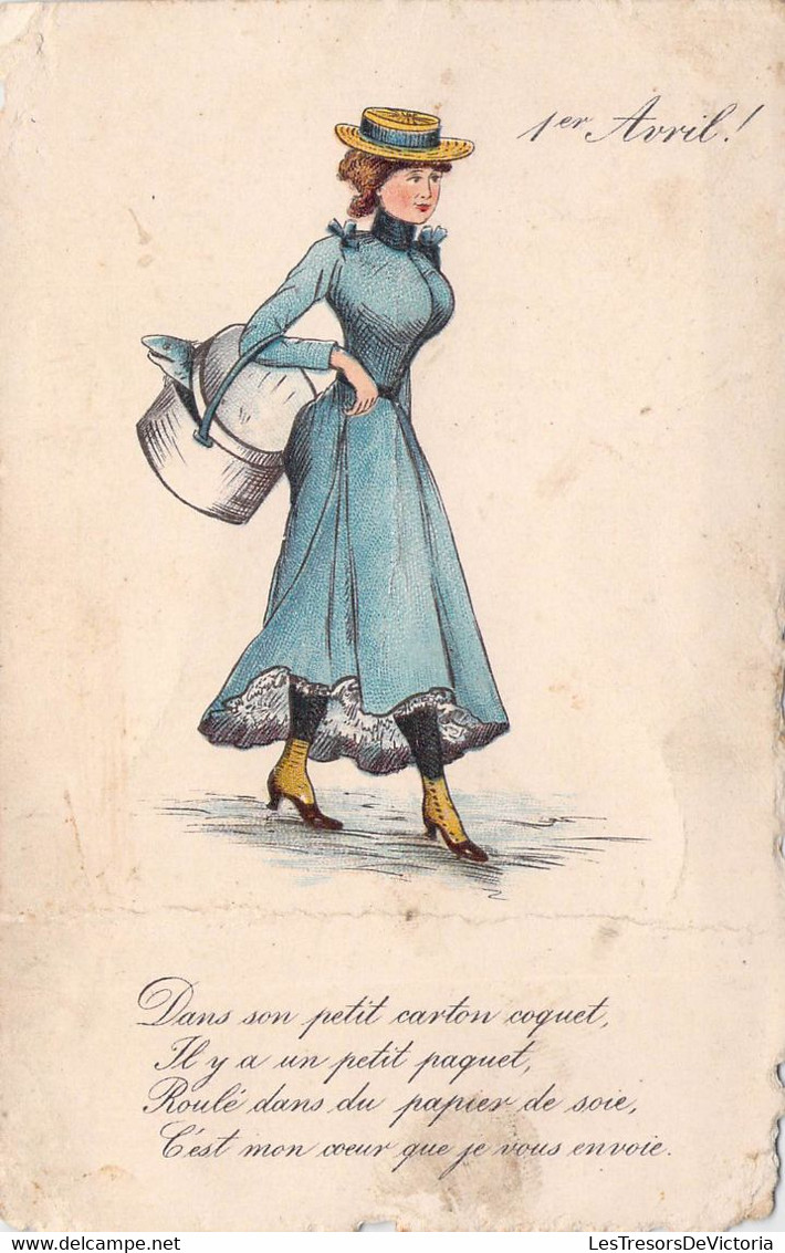 CPA - 1er Avril - Femme En Robe Bleu Et Son Panier Avec Du Poisson - Chapeau - 1° Aprile (pesce Di Aprile)