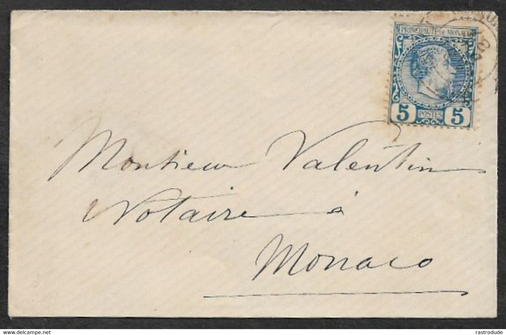 1887 MONACO 5c COVER - PRINCE CHARLES III -  SENT LOCALLY - Covers & Documents