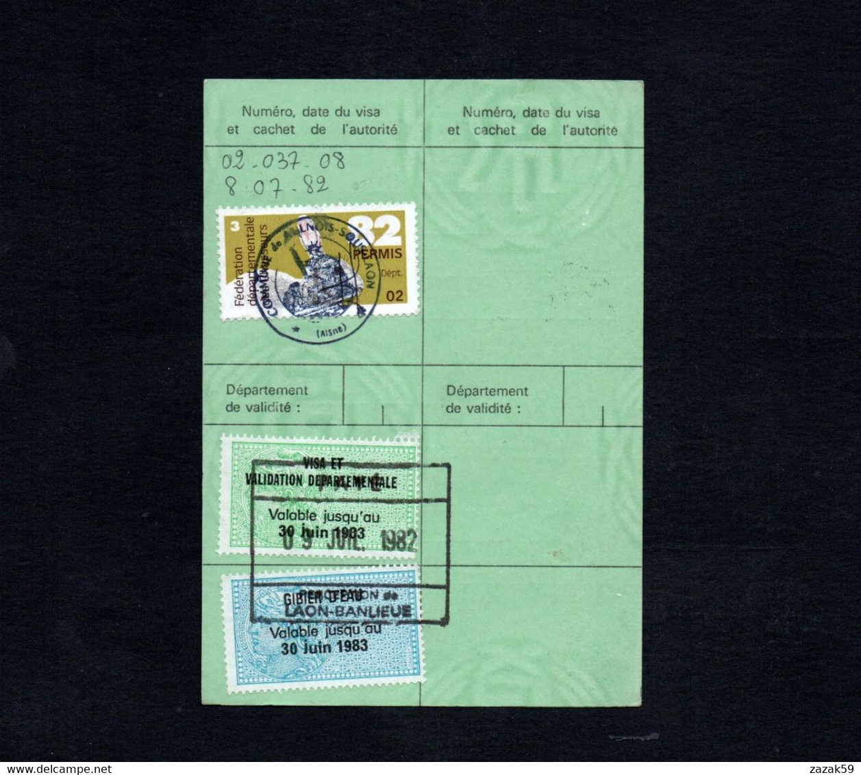 Timbres Fiscaux Fiscal Revenue Sur Carte Permis De Chasse 1982 - Autres & Non Classés