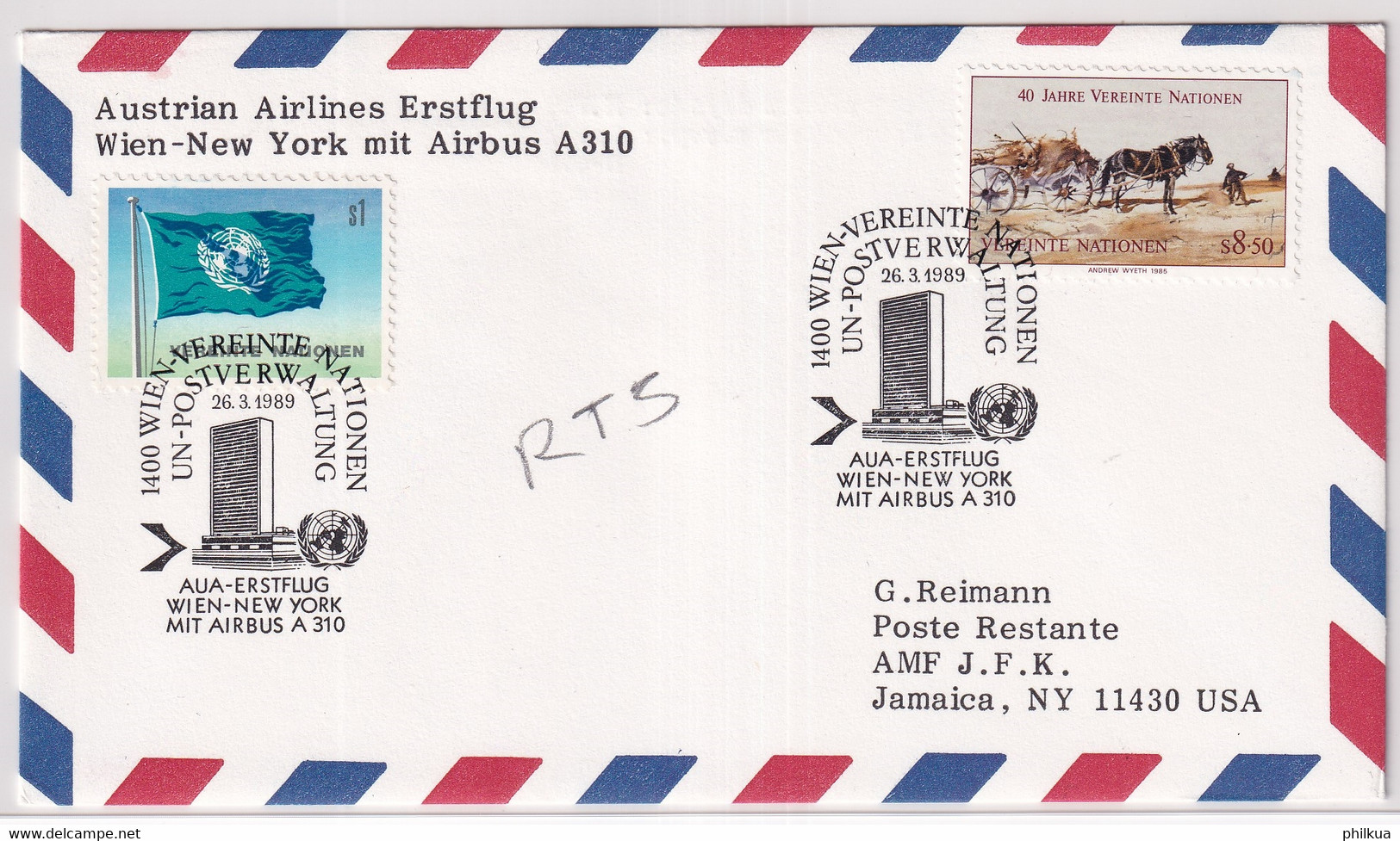 26.03.1989 - Erstflug WIEN - NEW YORK Mit Airbus A310 Der Austrian Airlines - Nations Unies Frankatur - Autres & Non Classés