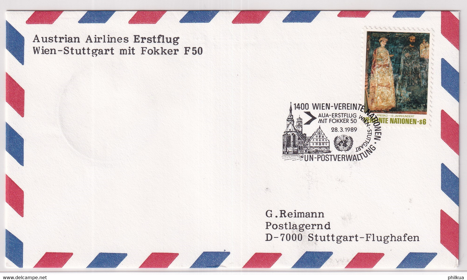 28.03.1989 - Erstflug WIEN - STUTTGART Mit Fokker F50 Der Austrian Airlines - Nations Unies Frankatur - Autres & Non Classés