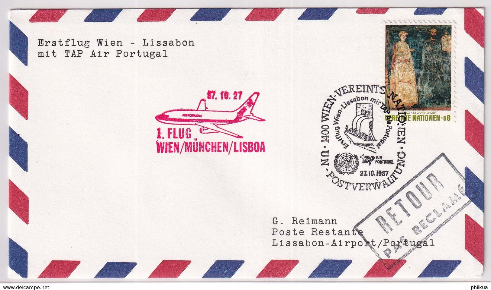 27.10.1987 - Erstflug WIEN - LISSABON Mit  TAP Air Portugal - Nations Unies Frankatur - Altri & Non Classificati