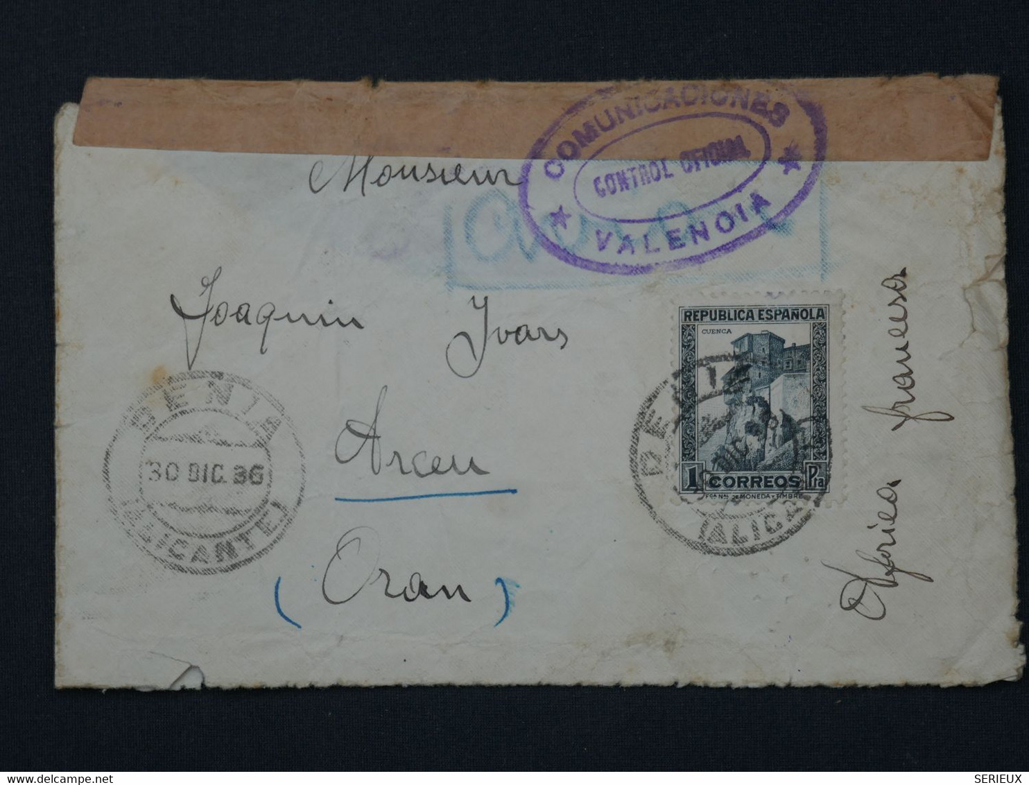 BI 6 ESPANA BELLE LETTRE CENSUREE RR 1936 VALENCIA ALICANTE A ARCEN ALGERIE + + AFFRANCH. INTERESSANT - Republikeinse Censuur