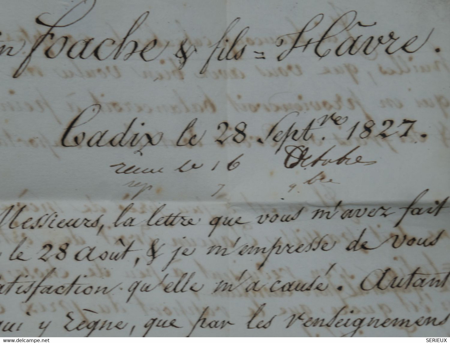 BI 6 ESPANA BELLE LETTRE RRR 1827 CADIZ AU HAVRE FRANCIA VIA BAYONNE +GRIFFE ROUGE++ + AFFRANCH. INTERESSANT - ...-1850 Prefilatelia