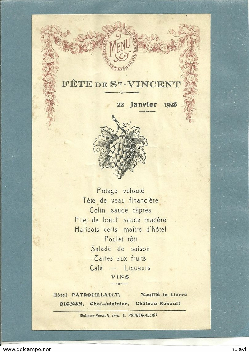 37  NEUILLE LE LIERRE - HOTEL PATROUILLAULT - MENU 1928 (ref A4444) - Neuillé-Pont-Pierre