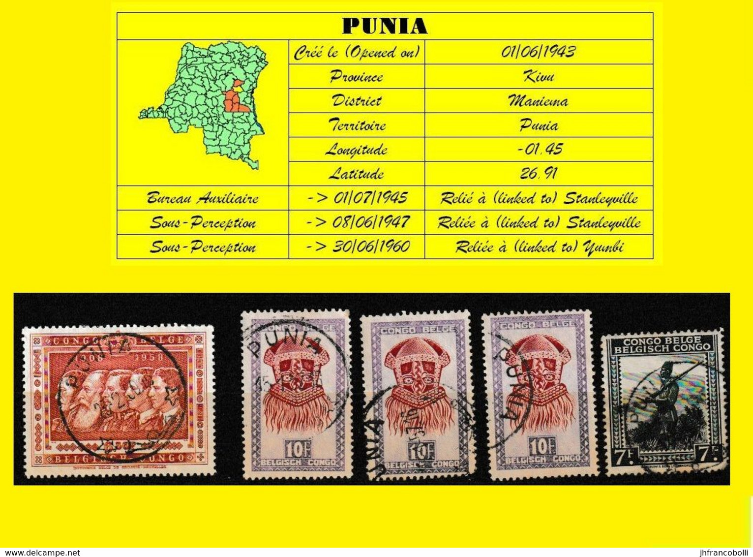 (°) BELGIAN CONGO / CONGO BELGE =  PUNIA  CANCELATION STUDY FIVE STAMPS - Variétés Et Curiosités