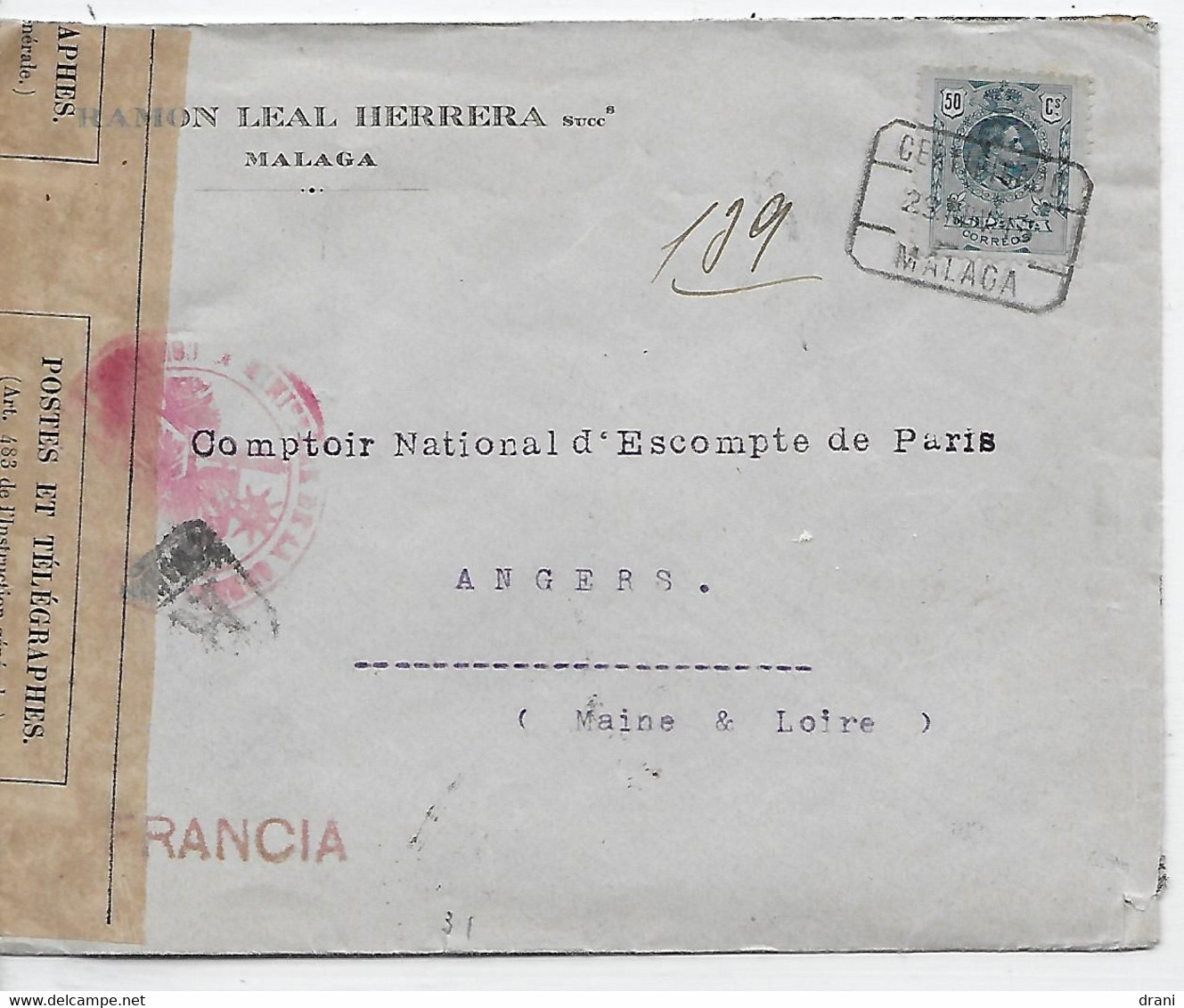 Env. Malaga 1915 - Affr. Alphonse XIII Pour La France - Ouvert Par Autorité Militaire - Nationalists Censor Marks