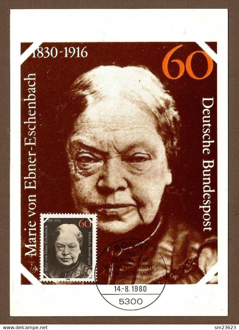 BRD 1980  Mi.Nr. 1057 , 150. Geburtstag Von Marie V. Ebner-Eschenbach - Maximum Card - Erstausgabetag Bonn 14.-8.1980 - Ecrivains