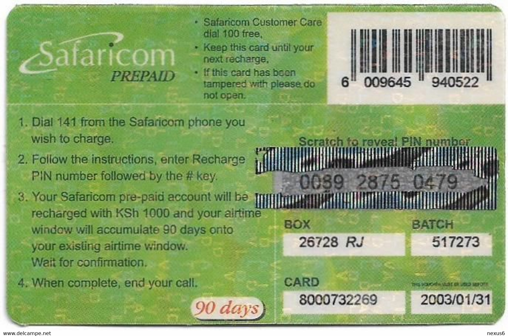 Kenya - Safaricom - Leopard 072, Exp. 31.01.2003, GSM Refill 1.000KShs, Used - Kenya