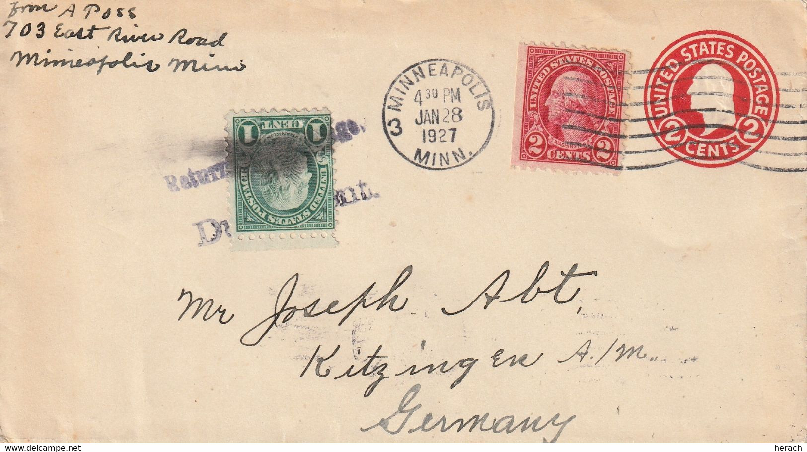 Etats Unis Entier Postal Pour L'Allemagne 1927 - 1921-40