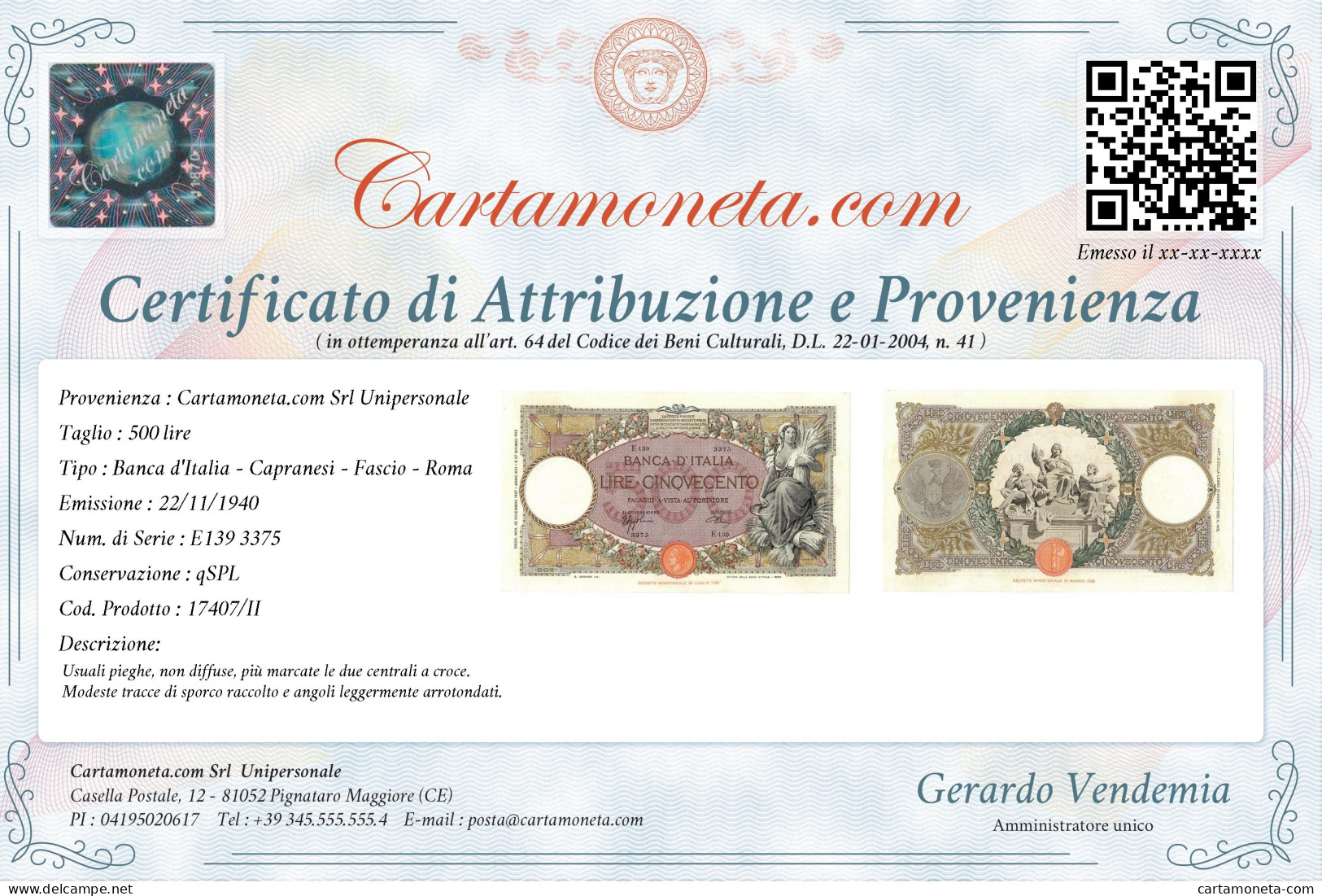 500 LIRE CAPRANESI MIETITRICE TESTINA FASCIO ROMA 22/11/1940 QSPL - Sonstige