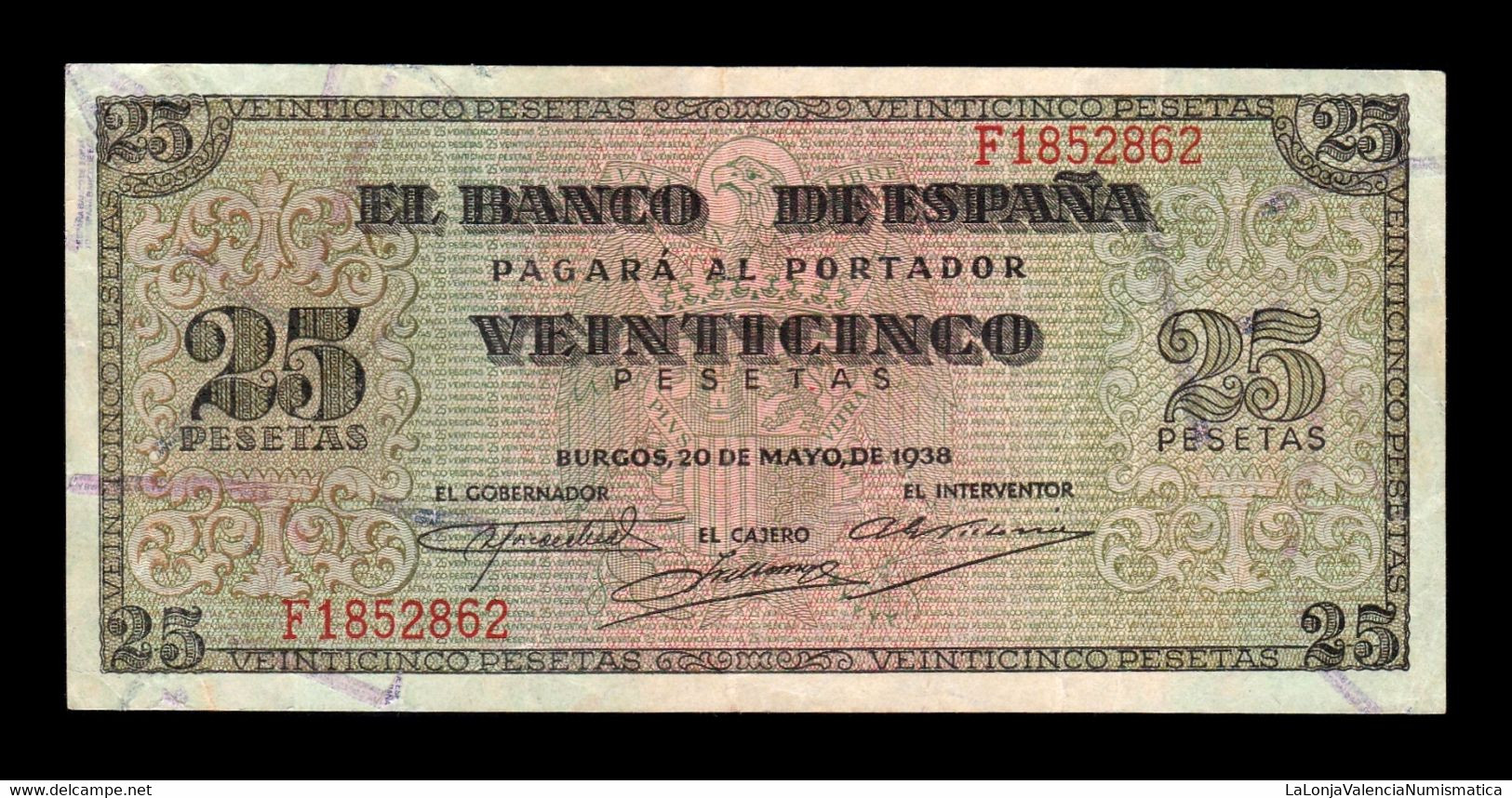 España Spain 25 Pesetas Burgos 1938 Pick 111 Serie F MBC/EBC VF/XF - 25 Peseten