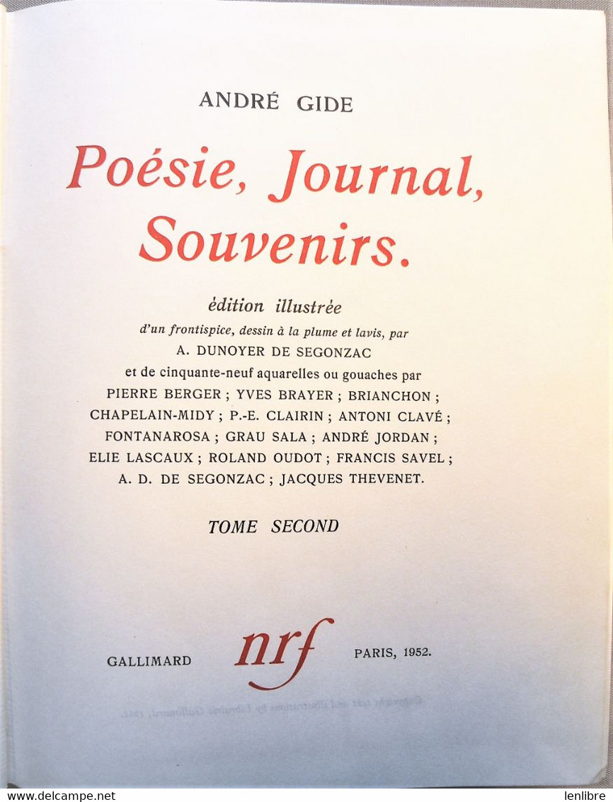 ANDRE GIDE, Poésie, Journal, Souvenirs. Tome 1 &2. NRF. Cartonnage P.Bonnet. 1952.