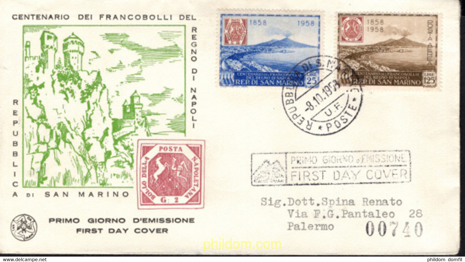 563262 MNH SAN MARINO 1958 CENTENARIO DEL SELLO DE NAPOLES - Oblitérés