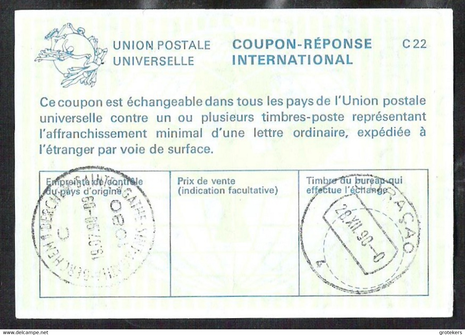 BELGIUM International Reply Coupon Issued BERCHEM Sainte Agathe 1990 Cashed In Curaçao - Internationale Antwortscheine
