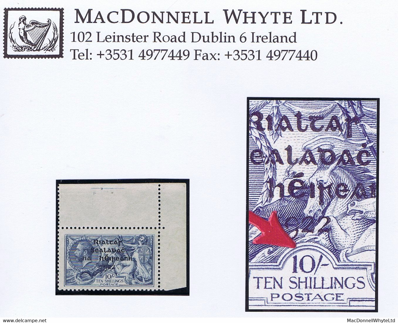 Ireland 1922 Thom Rialtas Ovpt In Blue-black On 10/- Blue, "Retouched 0 Of 10", Row 1/4 Mint With Corner Margins - Ungebraucht