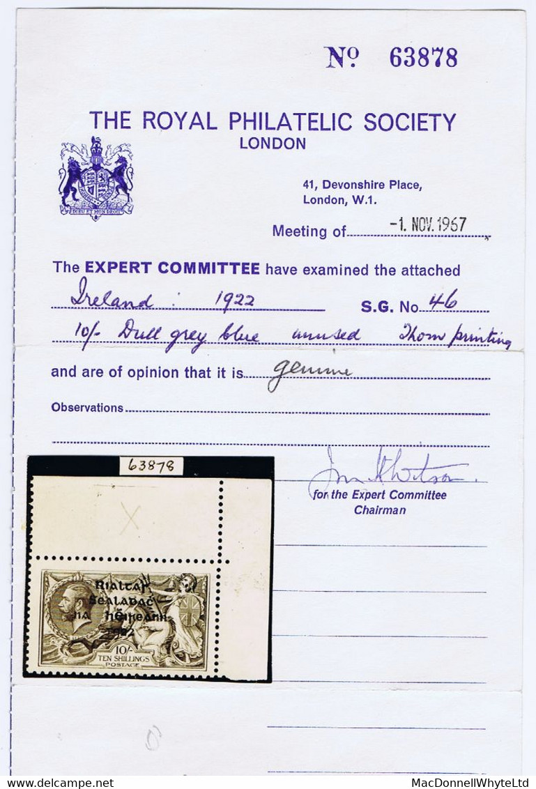 Ireland 1922 Thom Rialtas Ovpt In Blue-black On 10/- Blue, "Retouched 0 Of 10", Row 1/4 Mint With Corner Margins - Ungebraucht