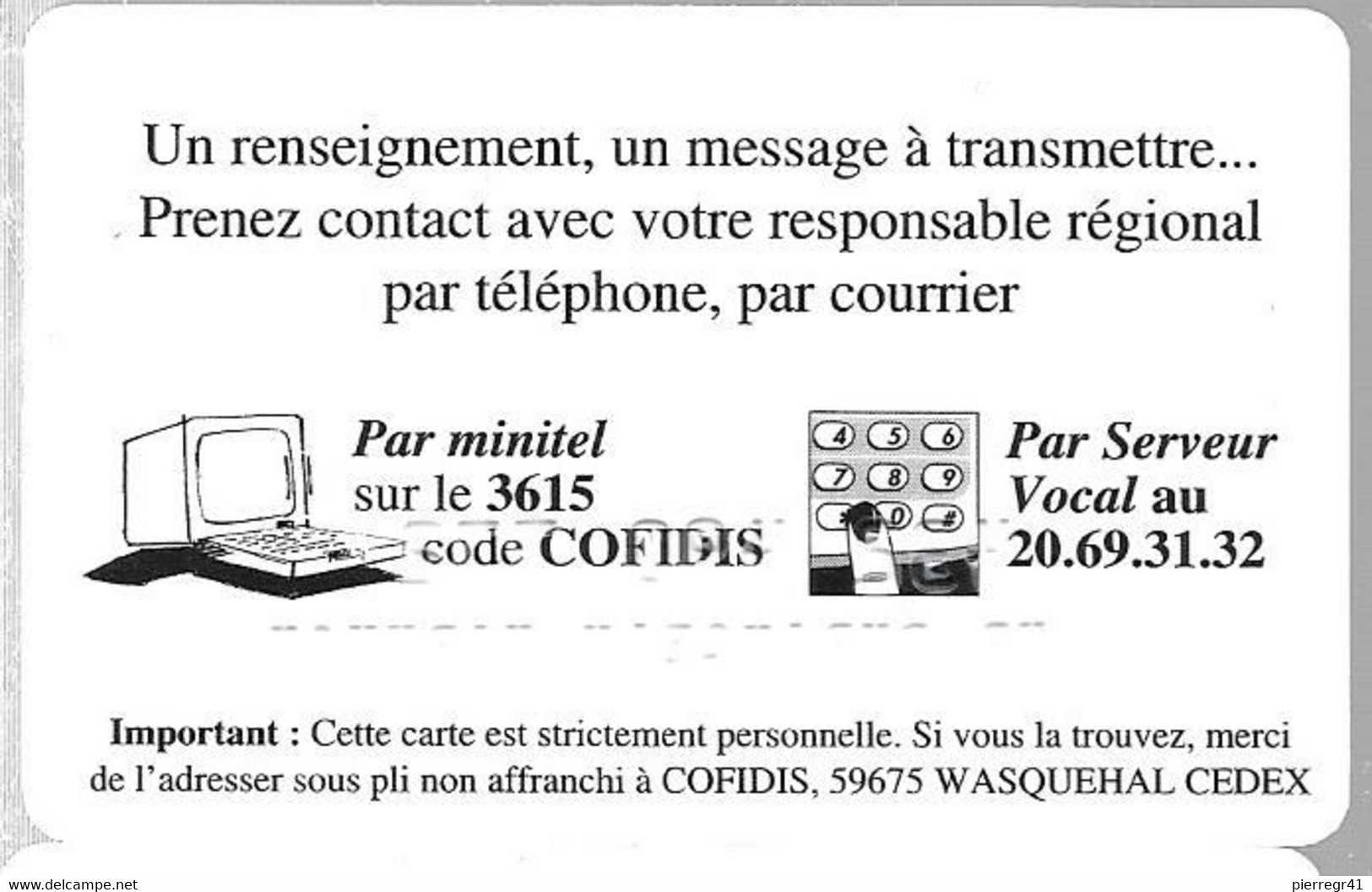 CARTE-CREDIT-COFIDIS TENOR-La BLANCHE PORTE--V°Utilisation Minitel/Serveur Vocal-TBE/RARE - Cartes Bancaires Jetables