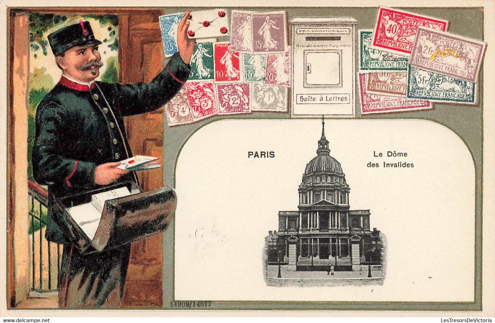 CPA Timbres Représentés - Paris Le Dome Des Invalides - Facteur Devant Une Boite Aux Lettres - Francobolli (rappresentazioni)