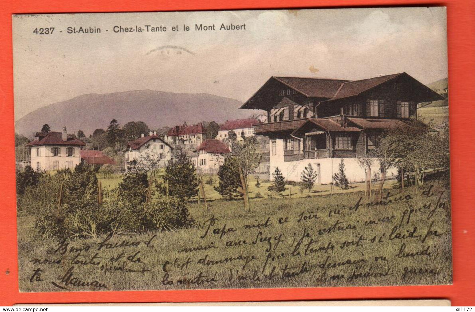ZSM-01 RARE  Littoral Saint-Aubin . Villa Chez La Tante Et Mont Aubert.  Circulé 1911  Phototypie 4237 - Saint-Aubin/Sauges