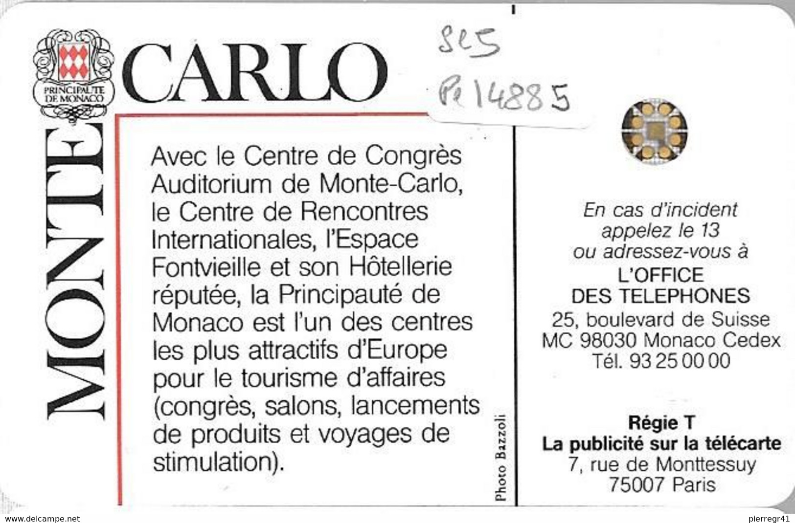 CARTE-PUBLIC-MONACO-50U-MF4A-SC5 An-PALAIS CONGRES-V° 5 Pe14885-UTILISE-TBE - Monaco