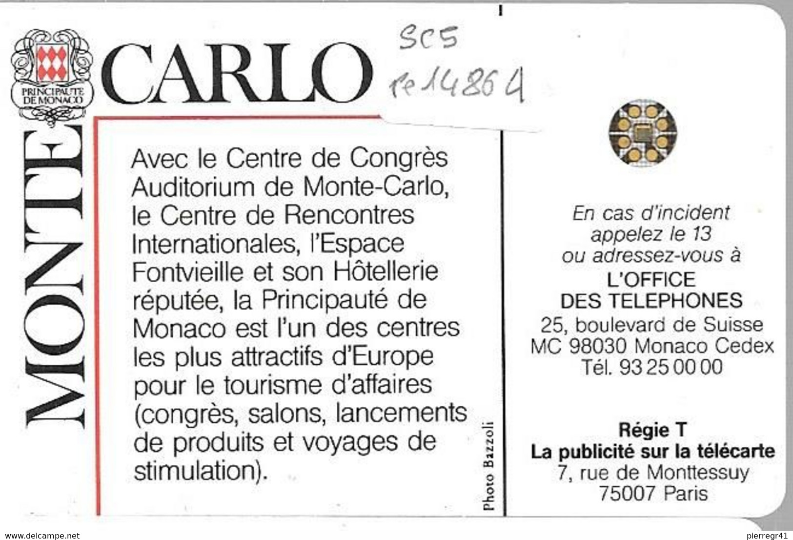 CARTE-PUBLIC-MONACO-50U-MF4A-SC5 An-PALAIS CONGRES-V° 5 Pe14864-UTILISE-TBE - Mónaco