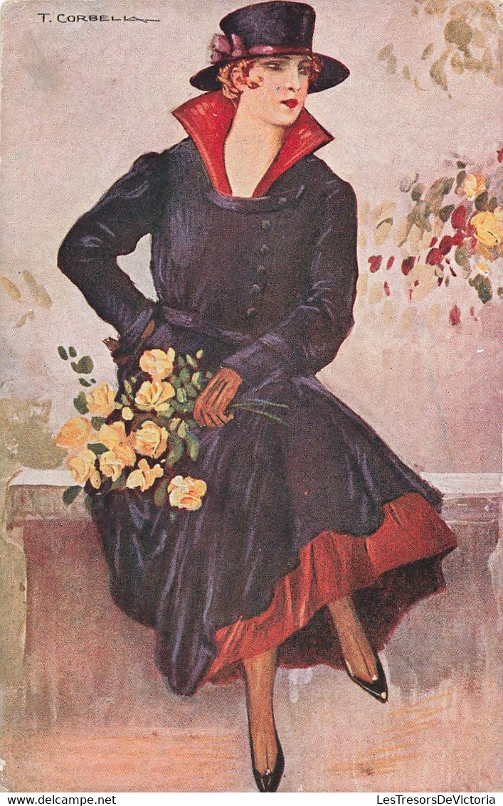 CPA Illustrateur Corbella - Femme Avec Un Long Manteau Foncé Et Bouquet De Fleurs - Corbella, T.