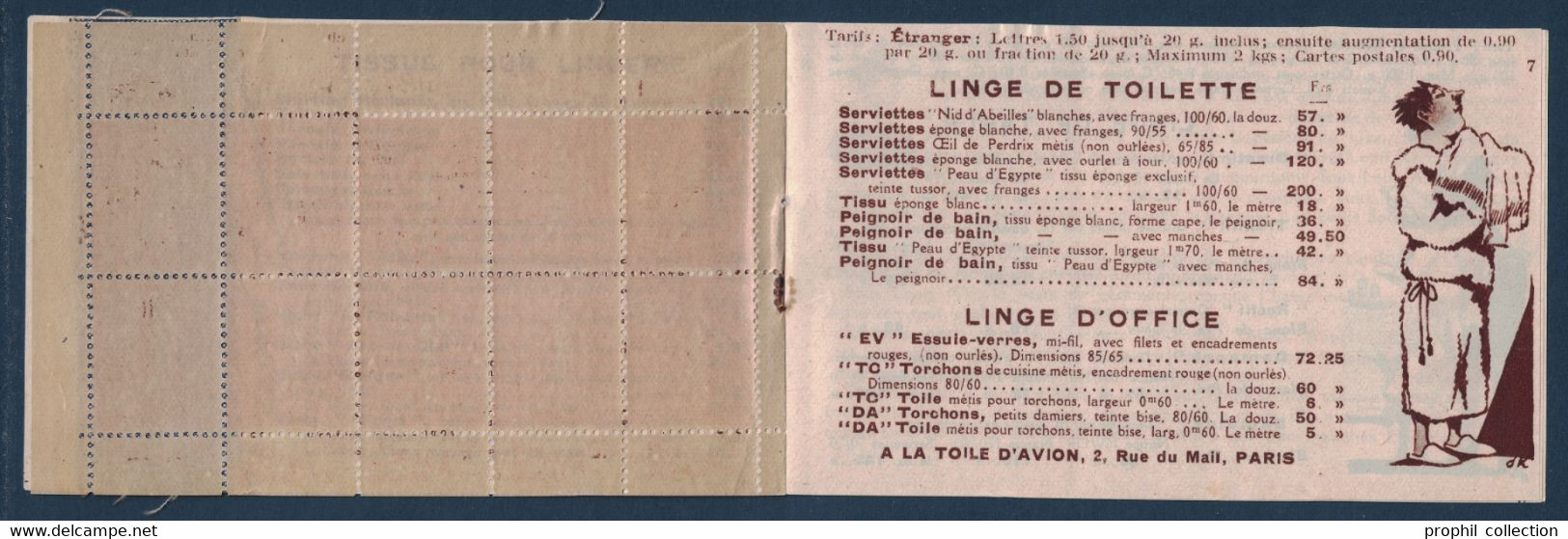 CARNET INCOMPLET De 10 TIMBRES SEMEUSE 199 (VOIR DOS) Avec PUBS LA TOILE D'AVION - Old : 1906-1965